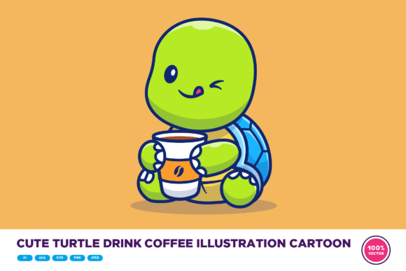Cute Turtle Drink Coffee Illustration
